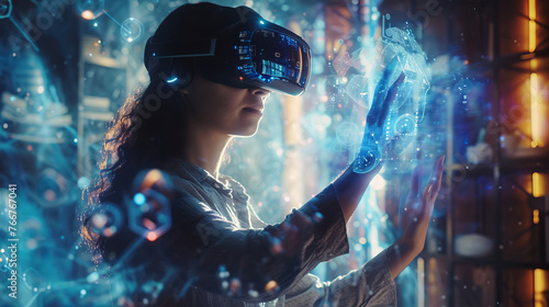 The fusion of VR and AR technologies in a immersive visual scene, highlighting the potential of mixed reality experiences Created Using virtual reality depth, AI Generative © sorapop