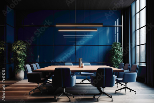 A modern meeting room with a monochromatic color scheme of varying shades of blue, sleek metallic accents, and a large conference table for productive discussions.
