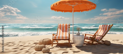 beach with chair and umbrellas.