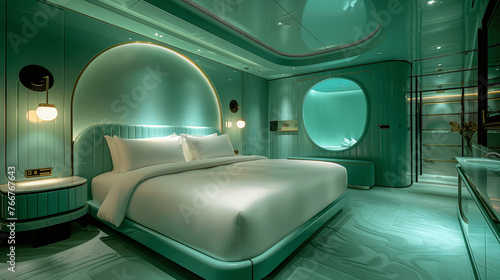 Modern Luxury Bedroom Interior with Green Tones and Art Deco Elements