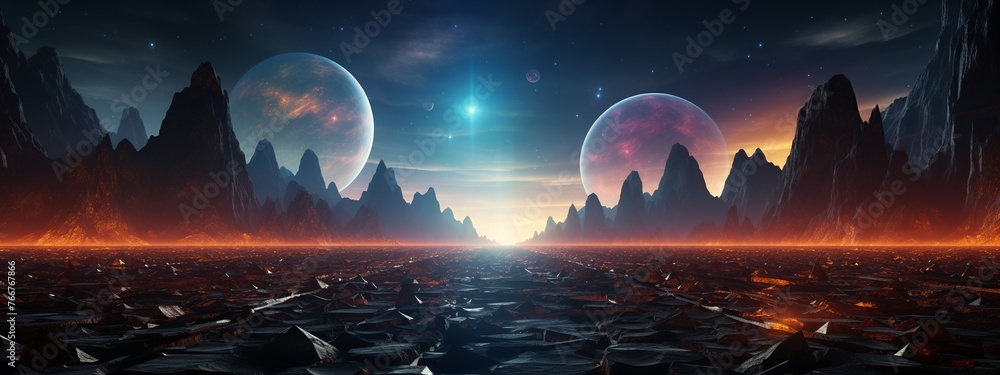 Fantasy alien planet. Mountain and moon