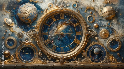 A detailed illustration of a celestial clock with celestial bodies serving as hands and intricate mechanisms connecting each movement.