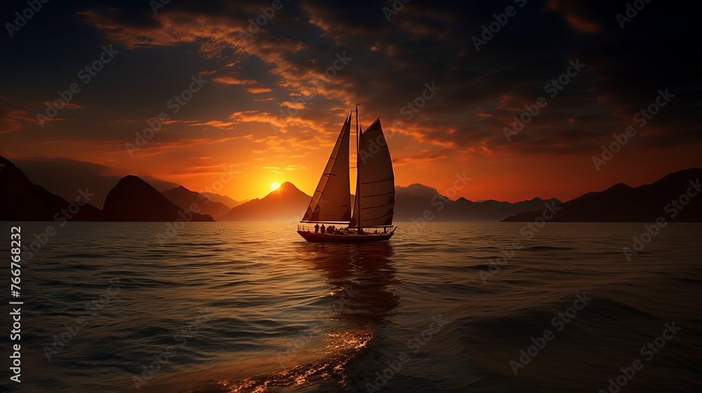 Sailboat in the sea in the evening sunlight