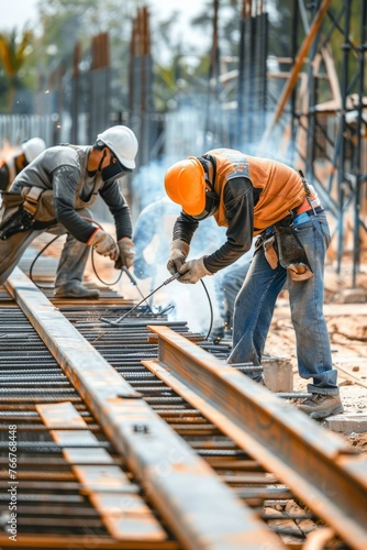 Construction workers welding steel beams together at a construction site, demonstrating the technical skills required in building infrastructure, Generative AI