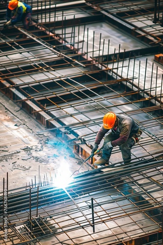 Construction workers welding steel beams together at a construction site, demonstrating the technical skills required in building infrastructure, Generative AI