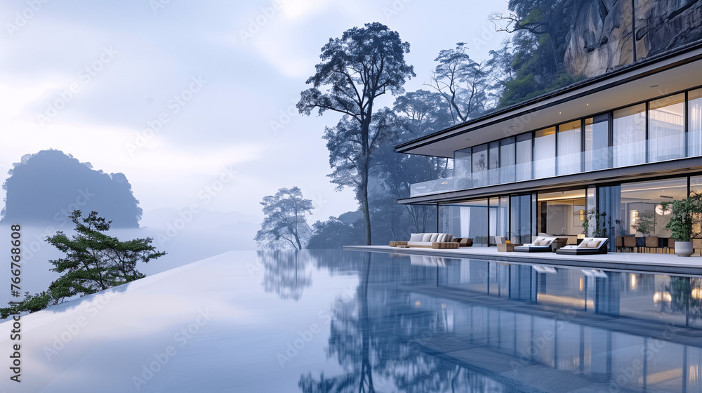 Fototapeta premium Infinity Pool at Modern Luxury Villa Overlooking Misty Mountains