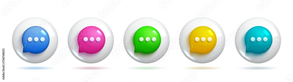 A set of five colorful, 3D speech bubbles in various shapes and sizes on a white background. 3d Set of Vector Icons. A set of five colorful, 3D speech bubbles in various shapes and sizes on a white background. 3d Set of Vector Icons.