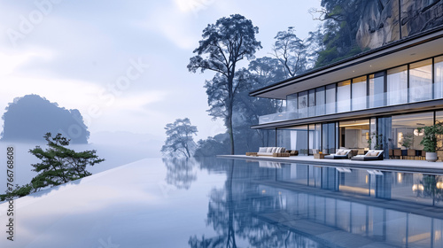 Infinity Pool at Modern Luxury Villa Overlooking Misty Mountains © lin