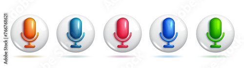 A set of five colorful, 3D microphones in various styles on a white background. 3d Set of vector Icons.