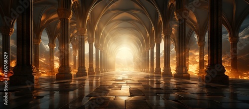 3D illustration of fantasy portal corridor with portal and columns at sunset