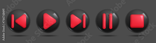 A set of dark 3D multimedia control buttons (play, pause, stop, rewind, fast-forward) with a transparent background. 3d Set of Vector Icons.
