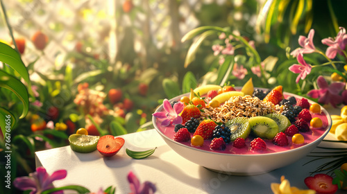 A vibrant scene of a fruit smoothie bowl adorned with colorful berries kiwi slices and a sprinkle