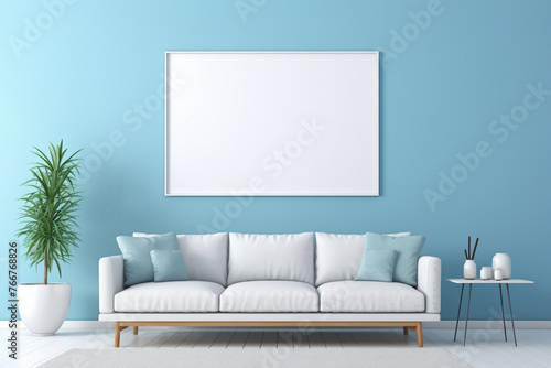 A modern living room in vibrant sky blue shades  showcasing a white empty frame against a backdrop of clean lines and contemporary decor.