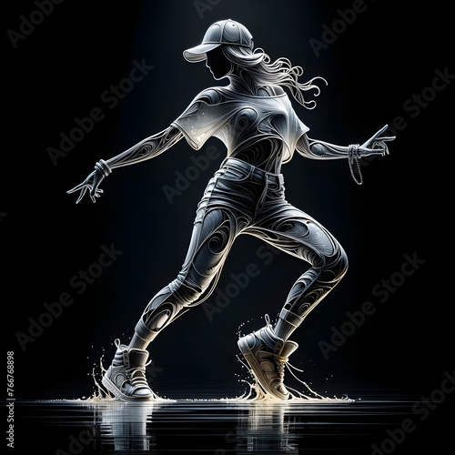 In captivating minimalist line art, a figure resembling a street dancer is depicted, adorned in a casual ensemble of a side cap, T-shirt, tight jeans, and sport shoes