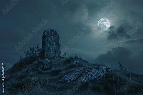 A tombstone on a hill at night --ar 3:2 Job ID: 08813ac3-674c-4d8f-885f-371d6ec6bd43 photo