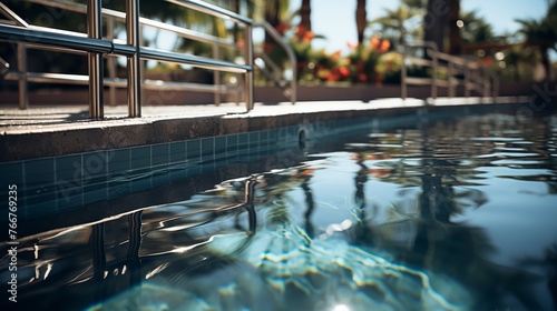Ladder stainless handrails for descent into swimming pool. photo