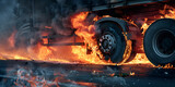 Truck trailer disaster with burning wheels from overheated brakes