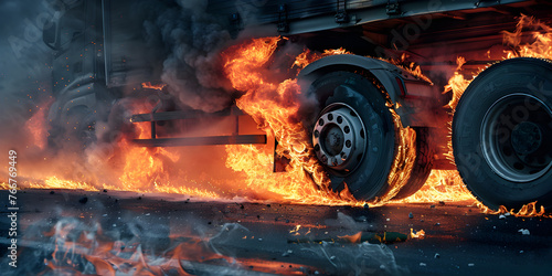 Truck trailer disaster with burning wheels from overheated brakes photo