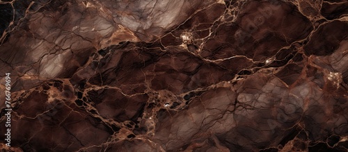 Capture the intricate details of a marble surface featuring a striking blend of brown and black hues in a close-up shot