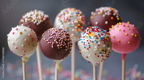 Delicious cake pops decorated with frosting chocolate and sprinkles, perfect for parties, celebrations or as a sweet indulgence. © ELmidoi-AI
