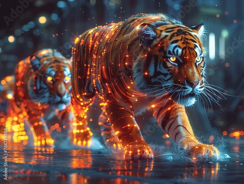 Futuristic concept depicting cybernetic tigers with glowing eyes, jumping through holographic hoops in a hightech arena , graphic design © PTC_KICKCAT