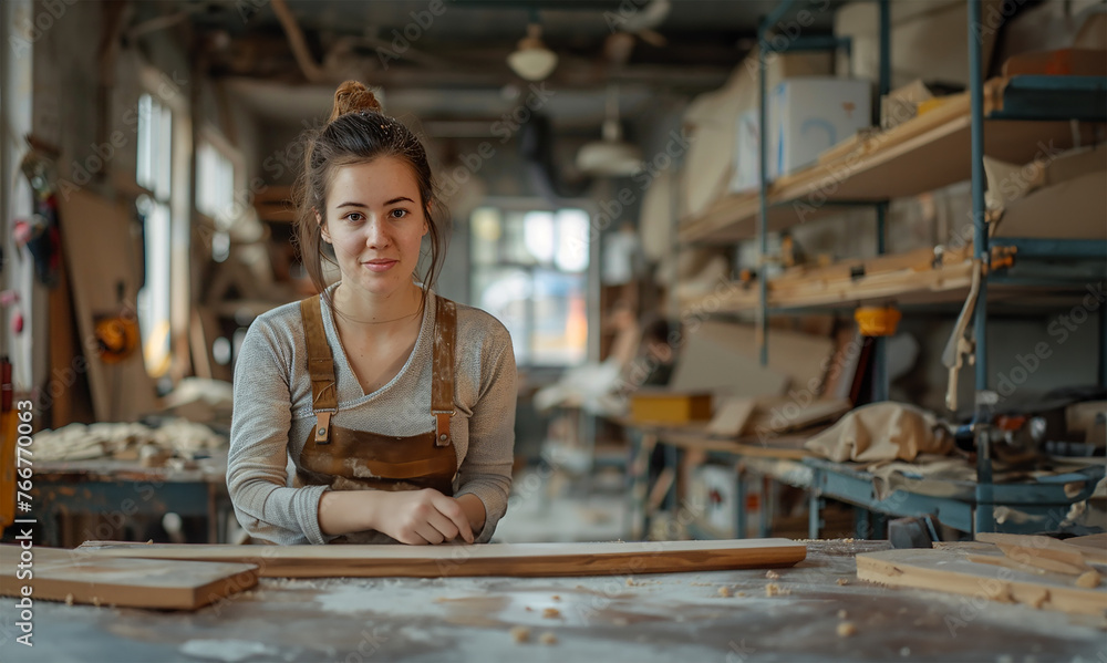 Woodworking woman, sanding in fabric workshop