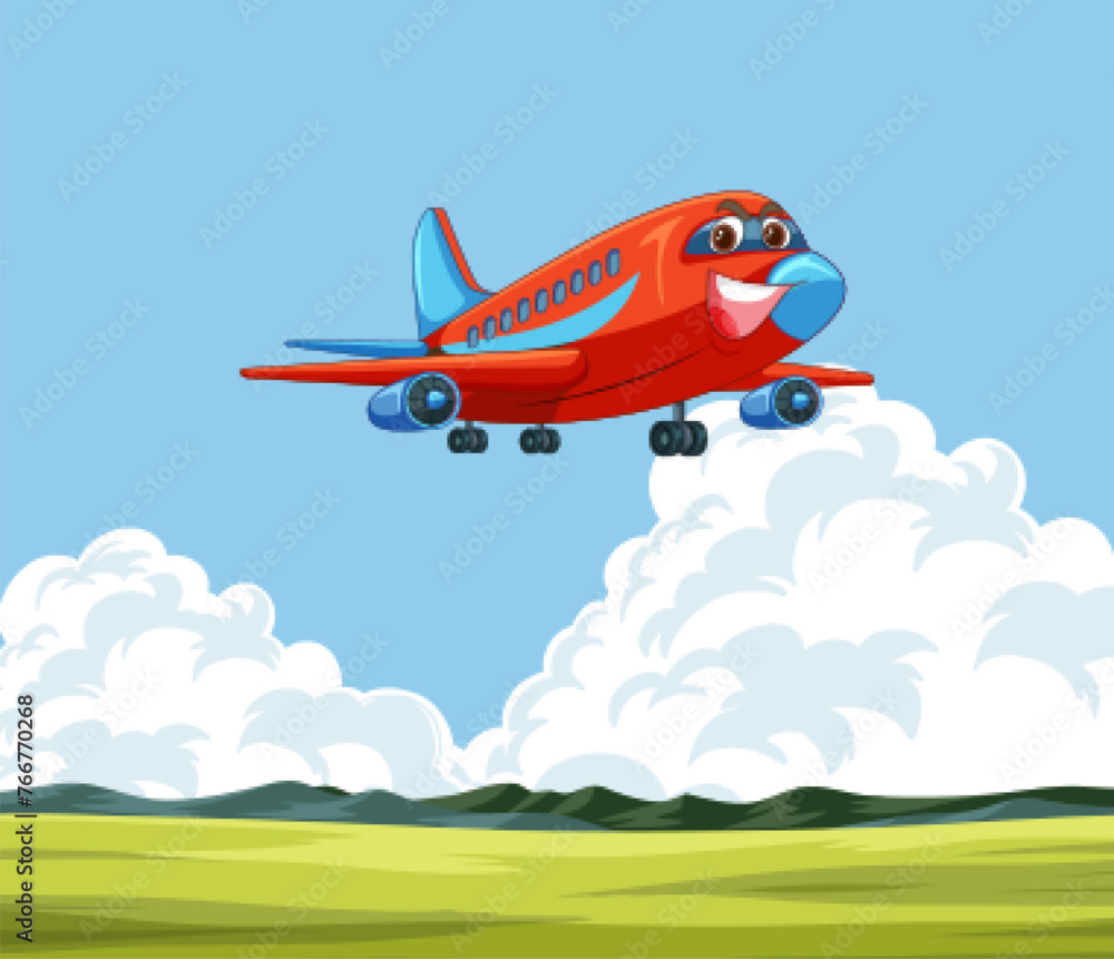 Cartoon airplane flying above green fields and clouds. Cartoon airplane flying above green fields and clouds.