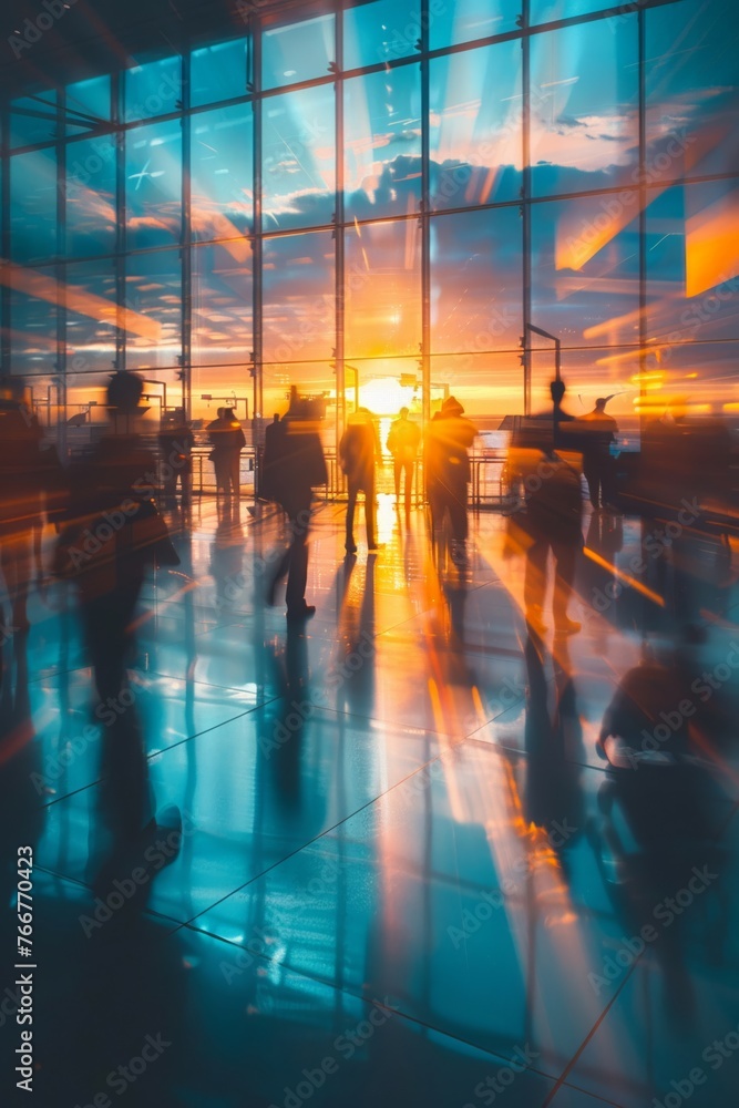 Fototapeta premium Dynamic airport scene, people in motion blur, airplane setting, travel vibe, text space