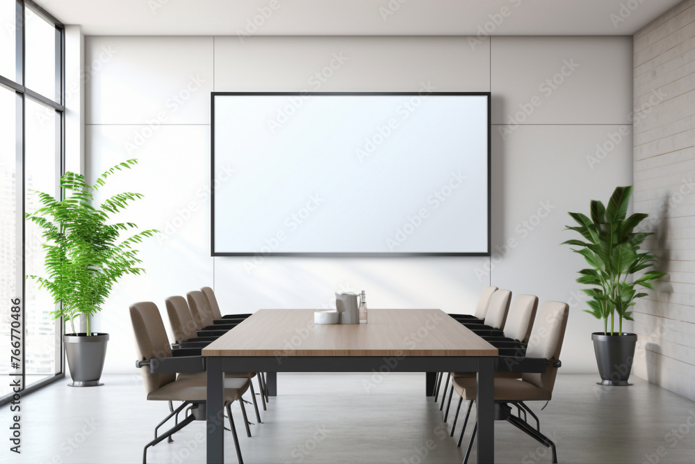 A modern conference room setup with a clean design and a bright, empty frame on the wall, exuding a professional ambiance.