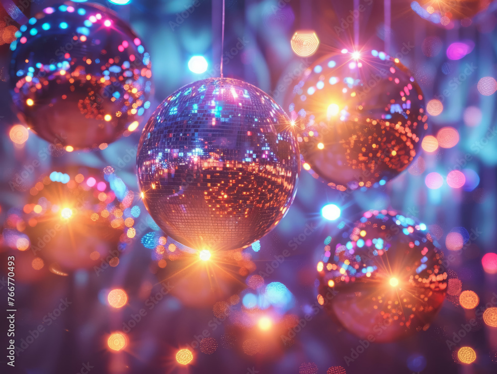 Glittering disco balls at night club party, dynamic light show, celebratory mood Glittering disco balls at night club party, dynamic light show, celebratory mood