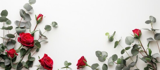 Arrangement of flowers with roses and eucalyptus branches on a white backdrop. Flat lay design with a top-down view and space for text.