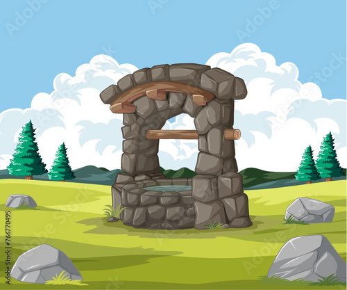 Cartoon stone archway in a serene grassy field.