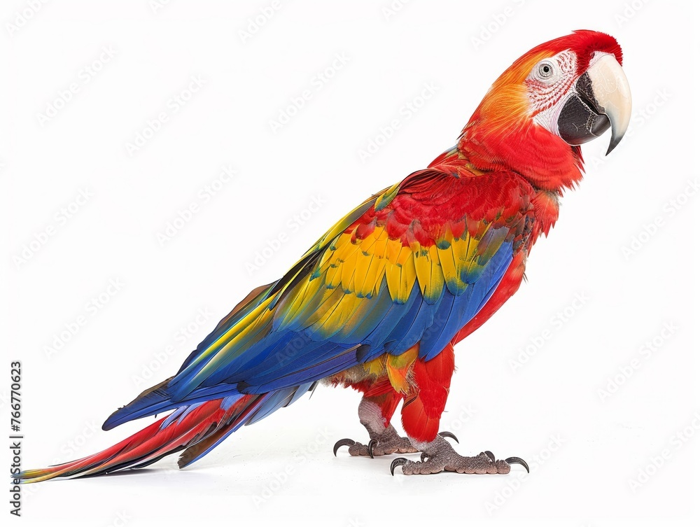 Side view of macaw isolated against white