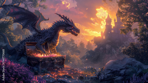Treasure chest under dragon watch in smoky forest dawn, enchanting and secretive