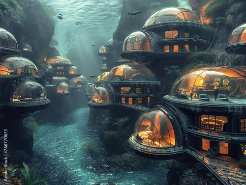 Underwater dome city town, future living in oceanic escape