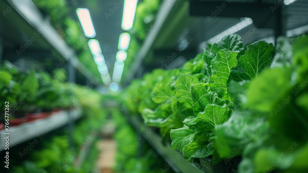 Indoor vertical farm with rows of green leafy vegetables, utilizing modern hydroponic systems. Indoor vertical farm with rows of green leafy vegetables, utilizing modern hydroponic systems.