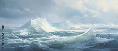 A breathtaking painting of a turbulent ocean with towering icebergs and crashing waves, under a cloudy sky with wind waves creating a dynamic landscape