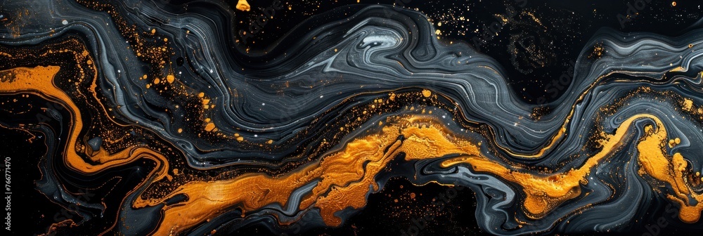 Abstract painting featuring black and yellow swirls on a black background Abstract painting featuring black and yellow swirls on a black background