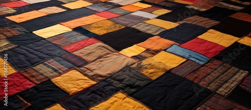 Close-up view of a vibrant quilt with multiple colors and patterns stitched together in a patchwork design