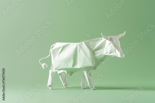 origami Cow on pastel green background photo