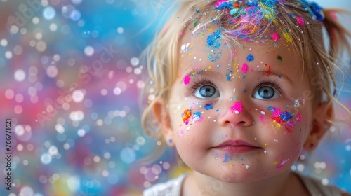 A young girl smiling with colorful sprinkles on her face