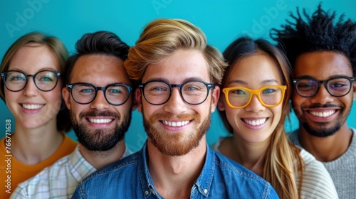 A diverse group of individuals in glasses, smiling happily