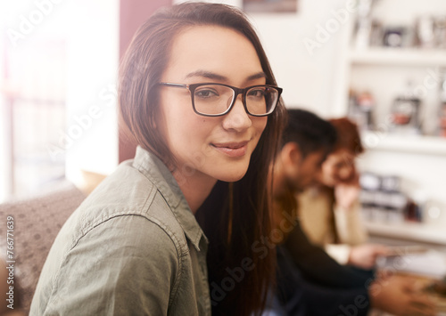 Coffee shop, business people and portrait of woman in meeting, discussion and conversation for ideas. Teamwork, creative agency and men and women in cafe for brainstorming, planning and collaboration