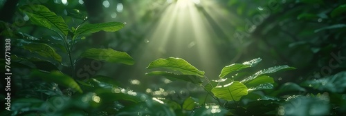 Direct sunlight streams through green leaves of a tree photo