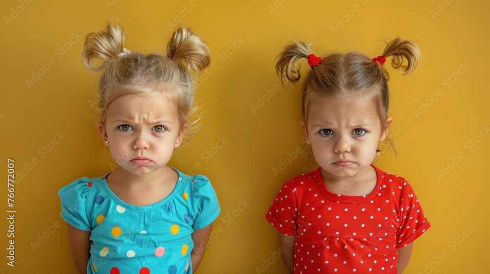 Two young girls, both smiling, standing side by side in a park Two young girls, both smiling, standing side by side in a park