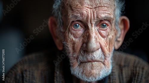 A portrait of an elderly man with deep wrinkles and piercing blue eyes