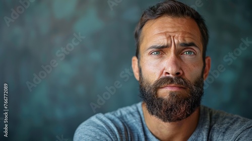 A man with a beard gazing upwards in contemplation photo
