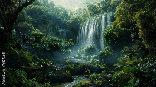 panoramic view of a breathtaking waterfall nestled within a lush and dense forest  showcasing the serene beauty of nature s splendor in a tranquil and mesmerizing scene