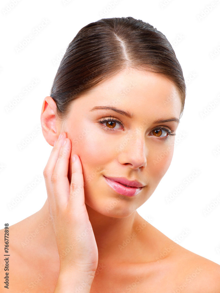 Woman, portrait and hand on skin for beauty, healthy glow and wellness for dermatology isolated on white background. Skincare, cosmetic facial and antiaging, smooth and soft with self care in studio Woman, portrait and hand on skin for beauty, healthy glow and wellness for dermatology isolated on white background. Skincare, cosmetic facial and antiaging, smooth and soft with self care in studio