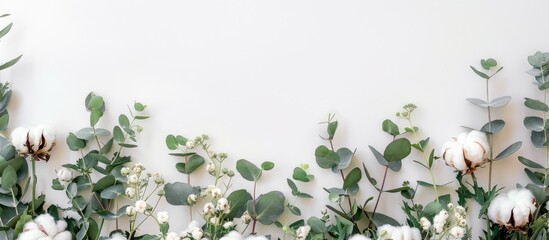 Arrangement of flowers with a border formed by new eucalyptus branches and cotton blooms. Overhead view with space for text.